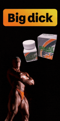 Bodybuilder, "Big dick" text, and Tadalafil pills, possibly advertising erectile dysfunction medication.
