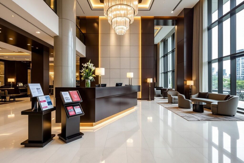 Elegant luxury hotel lobby with chandelier, reception desk, and seating area.