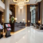 Elegant luxury hotel lobby with chandelier, reception desk, and seating area.