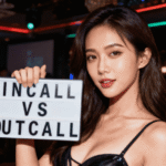 Woman holding sign: "Incall vs Outcall." Choosing an incall or outcall escort girl in Cheras & Bangsar.