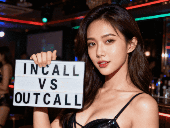 Woman holding sign: "Incall vs Outcall." Choosing an incall or outcall escort girl in Cheras & Bangsar.