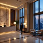Luxury hotel lobby in Kuala Lumpur with concierge and city view