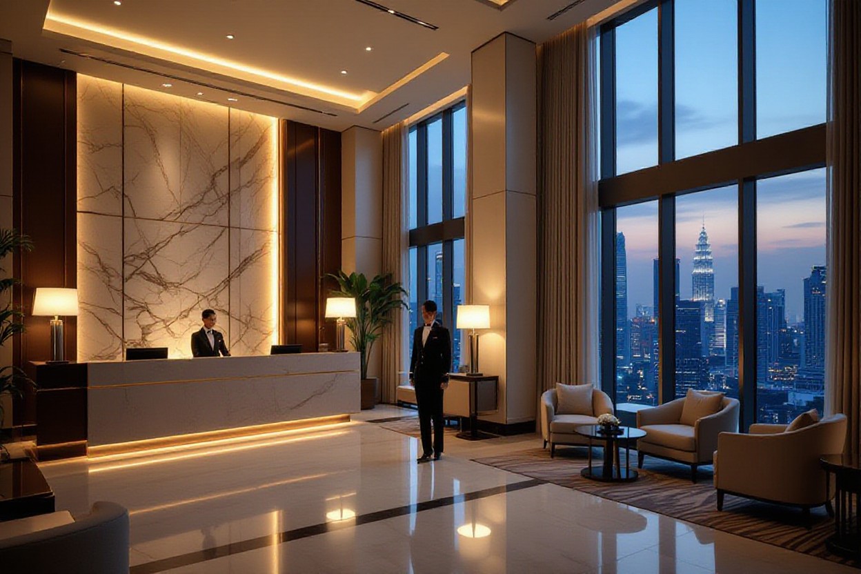 Luxury hotel lobby in Kuala Lumpur with concierge and city view