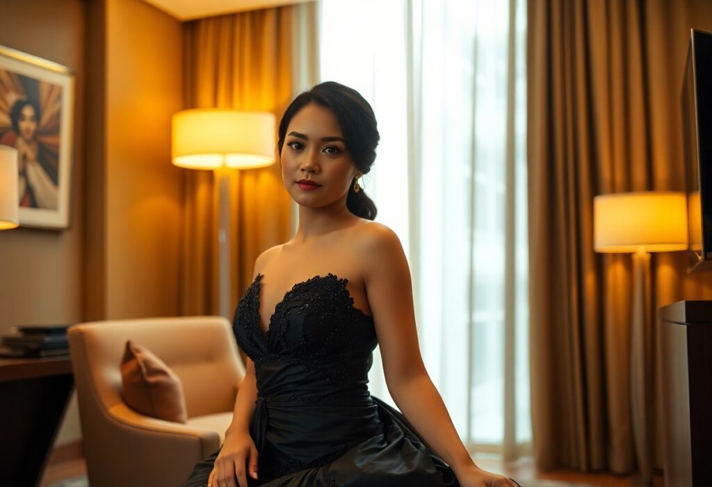 Elegant woman in black gown poses in hotel room with soft lighting