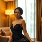 Elegant woman in black gown poses in hotel room with soft lighting