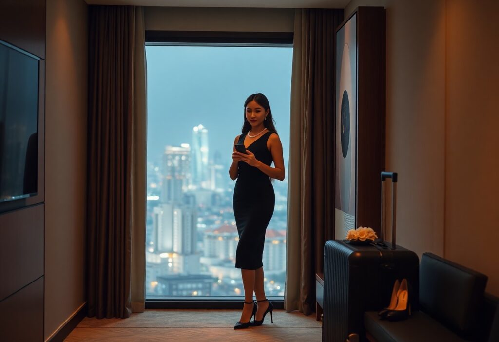 Elegant Asian woman in black dress using phone in luxury hotel room with city view. Suitcase nearby.