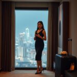 Elegant Asian woman in black dress using phone in luxury hotel room with city view. Suitcase nearby.