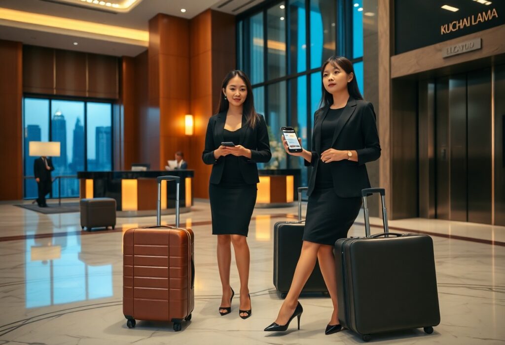 Two businesswomen with luggage in a modern hotel lobby, checking their phones.