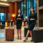 Two businesswomen with luggage in a modern hotel lobby, checking their phones.